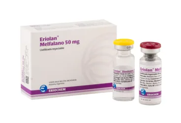 ERIOLAN 50 MG ENJEKSIYONLUK/INFUZYONLUK COZELTI ICIN LIYOFILIZE TOZ VE COZUCU (1 FLAKON+1 COZUCU FLAKON) kutusu, çözelti formunda melfalan içerir. Üretici: SOHO İLAÇ LİMİTED ŞİRKETİ.