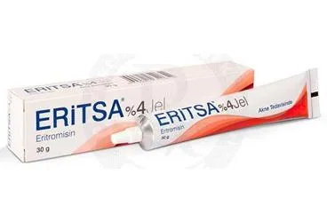 Eritromisin -topikal içeren jel: ERITSA % 4 30 GR JEL ambalajı. Üretici: DİNÇSA İLAÇ SAN. VE TİC. A.Ş.