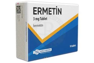 ERMETIN 3 MG TABLET (10 TABLET) (ivermektin) ürün ambalajı, tablet. Üretici: WORLD MEDICINE İLAÇ SAN. VE TİC. A.Ş.