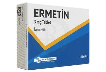 ERMETIN 3 MG TABLET (12 TABLET) (ivermektin) ambalajı, tablet. Üretici: WORLD MEDICINE İLAÇ SAN. VE TİC. A.Ş.