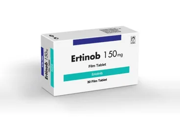 ERTINOB 150 MG 30 FILM TABLET ambalajı. Erlotinib içeren film kaplı tablet. Üretici: NOBEL İLAÇ SAN. VE TİC. A.Ş.