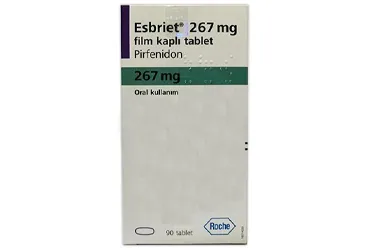ESBRIET 267 MG FILM KAPLI TABLET (90 TABLET) ambalajı. Pirfenidon içeren film kaplı tablet. Üretici: ROCHE MÜSTAHZARLARI SANAYİ ANONİM ŞİRKETİ.