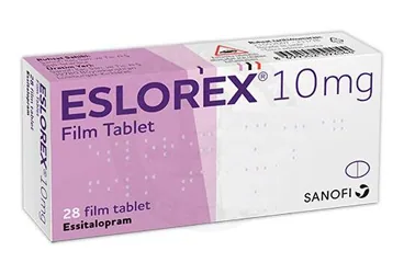 Essitalopram içeren film kaplı tablet: ESLOREX 10 MG 28 FİLM TABLET ürün ambalajı. Üretici: SANOFİ İLAÇ SANAYİ ve TİC. A.Ş.