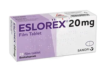 Essitalopram içeren film kaplı tablet: ESLOREX 20 MG 28 FİLM TABLET kutusu. Üretici: SANOFİ İLAÇ SANAYİ ve TİC. A.Ş.