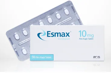ESMAX 10 MG 56 FILM KAPLI TABLET kutusu, film kaplı tablet formunda essitalopram içerir. Üretici: ALİ RAİF İLAÇ SANAYİ A.Ş.