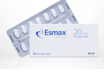 Essitalopram içeren film kaplı tablet: ESMAX 20 MG 28 FILM KAPLI TABLET ambalajı. Üretici: ALİ RAİF İLAÇ SANAYİ A.Ş.