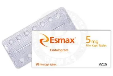 ESMAX 5 MG FILM KAPLI TABLET (28 FILM TABLET) ürün ambalajı. Essitalopram içeren film kaplı tablet. Üretici: ALİ RAİF İLAÇ SANAYİ A.Ş.