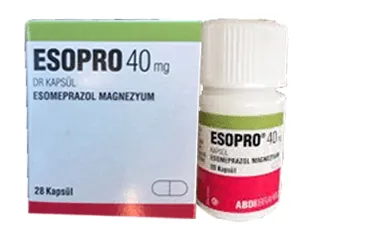 Esomeprazol içeren kapsül: ESOPRO 40 MG 28 KAPSUL ambalajı. Üretici: ABDİ İBRAHİM İLAÇ SANAYİ VE TİCARET A.Ş.