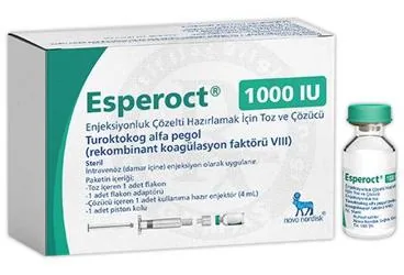 ESPEROCT 1000 IU ENJEKSIYONLUK COZELTI HAZIRLAMAK ICIN TOZ VE COZUCU (1 FLAKON) kutu fotoğrafı, çözelti formunda anti hemofilik faktör 8 içerir. Üretici: NOVO NORDISK SAĞLIK ÜRÜNLERİ TİCARET LİMİTED ŞİRKETİ.
