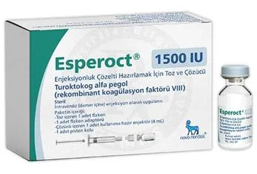 ESPEROCT 1500 IU ENJEKSIYONLUK COZELTI HAZIRLAMAK ICIN TOZ VE COZUCU (1 FLAKON) (anti hemofilik faktör 8) kutusu, çözelti. Üretici: NOVO NORDISK SAĞLIK ÜRÜNLERİ TİCARET LİMİTED ŞİRKETİ.