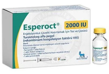 Anti hemofilik faktör 8 içeren çözelti: ESPEROCT 2000 IU ENJEKSIYONLUK COZELTI HAZIRLAMAK ICIN TOZ VE COZUCU (1 FLAKON) ürün ambalajı. Üretici: NOVO NORDISK SAĞLIK ÜRÜNLERİ TİCARET LİMİTED ŞİRKETİ.