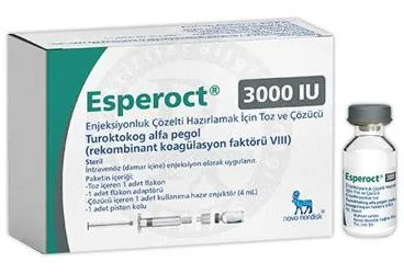 ESPEROCT 3000 IU ENJEKSIYONLUK COZELTI HAZIRLAMAK ICIN TOZ VE COZUCU (1 FLAKON) kutusu. Anti hemofilik faktör 8 içeren çözelti. Üretici: NOVO NORDISK SAĞLIK ÜRÜNLERİ TİCARET LİMİTED ŞİRKETİ.