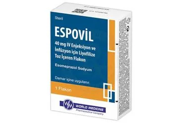 ESPOVIL 40 MG IV ENJEKSIYON VE INFUZYON ICIN LIYOFILIZE TOZ ICEREN FLAKON (1 FLAKON) (esomeprazol) kutu fotoğrafı, flakon. Üretici: WORLD MEDICINE İLAÇ SAN. VE TİC. A.Ş.
