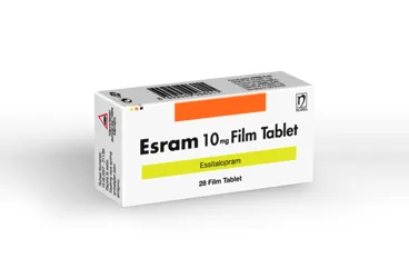 ESRAM 10 MG 28 TABLET kutu fotoğrafı, tablet formunda essitalopram içerir. Üretici: NOBEL İLAÇ SAN. VE TİC. A.Ş.