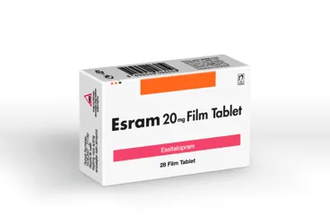 Essitalopram içeren tablet: ESRAM 20 MG 28 TABLET ürün ambalajı. Üretici: NOBEL İLAÇ SAN. VE TİC. A.Ş.