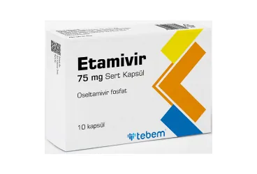 ETAMIVIR 75 MG SERT KAPSUL (10 KAPSUL) kutusu. Oseltamivir fosfat içeren kapsül. Üretici: TEBEM İLAÇ SANAYİ TURİZM VE TİCARET ANONİM ŞİRKETİ.
