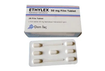 ETHYLEX 50 MG 28 FİLM TABLET kutusu, film kaplı tablet formunda naltrexone içerir. Üretici: DEM İLAÇ SAN. VE TİC. A.Ş.