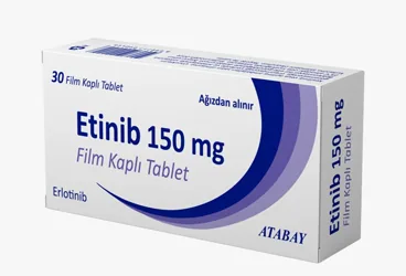 ETINIB 150 MG FILM KAPLI TABLET (erlotinib) ambalajı, film kaplı tablet. Üretici: ATABAY KİMYA SANAYİ VE TİC. A.Ş.