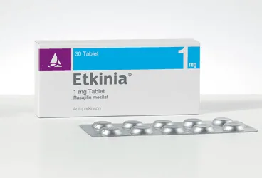 Rasajilin içeren tablet: ETKINIA 1 MG 30 TABLET ürün ambalajı. Üretici: SANTA FARMA İLAÇ SAN. A.Ş.
