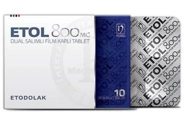 Etodolak içeren film kaplı tablet: ETOL 800 MG DUAL SALIMLI FILM KAPLI TABLET (10 TABLET) ürün ambalajı. Üretici: NOBEL İLAÇ SAN. VE TİC. A.Ş.