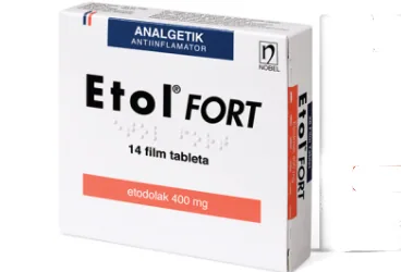 Etodolak içeren film kaplı tablet: ETOL FORT 400 MG 14 FİLM TABLET kutusu. Üretici: NOBEL İLAÇ SAN. VE TİC. A.Ş.
