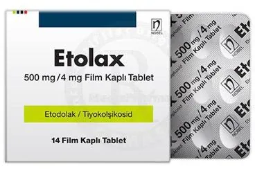 ETOLAX 500 MG/4 MG FILM KAPLI TABLET kutu fotoğrafı. Etodolak + tiyokolşikosid içeren film kaplı tablet. Üretici: NOBEL İLAÇ SAN. VE TİC. A.Ş.