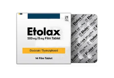 ETOLAX 500 MG/8 MG FILM KAPLI TABLET (14 FILM TABLET) (etodolak + tiyokolşikosid) ambalajı, film kaplı tablet. Üretici: NOBEL İLAÇ SAN. VE TİC. A.Ş.