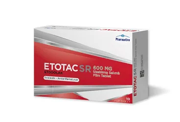 Etodolak içeren film kaplı tablet: ETOTAC SR 600 MG FILM KAPLI TABLET, 14 TABLET ürün ambalajı. Üretici: HUMANİS SAĞLIK A.Ş.