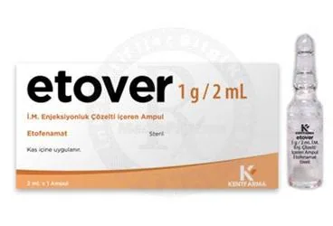 ETOVER 1 G/2 ML IM ENJEKSIYONLUK COZELTI ICEREN AMPUL ürün ambalajı. Etofenamat içeren çözelti. Üretici: KENTFARMA İLAÇ ANONİM ŞİRKETİ.