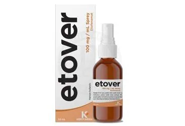 ETOVER 100 MG/ML SPREY, COZELTI (50 ML) (etofenamat -topikal) ürün ambalajı, çözelti. Üretici: KENTFARMA İLAÇ ANONİM ŞİRKETİ.