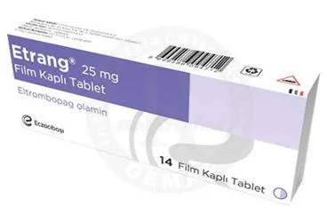 Eltrombopag içeren film kaplı tablet: ETRANG 25 MG FILM KAPLI TABLET (14 TABLET) kutusu. Üretici: EİP ECZACIBAŞI İLAÇ PAZARLAMA A.Ş.