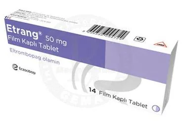 ETRANG 50 MG FILM KAPLI TABLET (14 TABLET) (eltrombopag) ambalajı, film kaplı tablet. Üretici: EİP ECZACIBAŞI İLAÇ PAZARLAMA A.Ş.