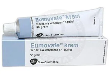 Klobetason butirat içeren krem: EUMOVATE % 0,05 50 GR KREM ürün ambalajı. Üretici: GLAXOSMİTHKLİNE İLAÇLARI SAN. VE TİC. A.Ş.