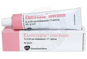 EUMOVATE % 0,05 50 GR MERHEM kutu fotoğrafı. Klobetason butirat içeren merhem. Üretici: GLAXOSMİTHKLİNE İLAÇLARI SAN. VE TİC. A.Ş.