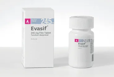 Tenofovir disoproksil içeren film kaplı tablet: EVASIF 245 MG FILM KAPLI TABLET (30 FILM KAPLI TABLET) ambalajı. Üretici: SANTA FARMA İLAÇ SAN. A.Ş.