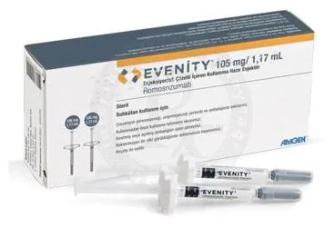 EVENITY 105MG-1,17ML ENJEKSIYONLUK COZELTI ICEREN KULLANIMA HAZIR ENJEKTOR (2 ADET ENJEKTOR) (romosozumab) ürün ambalajı, çözelti. Üretici: AMGEN İLAÇ TİCARET LİMİTED ŞİRKETİ.