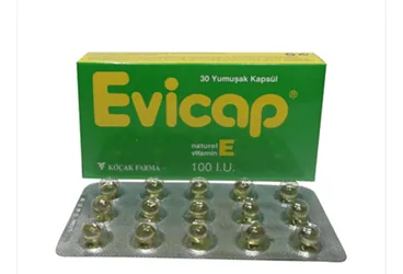 EVICAP 100 IU 30 YUMUŞAK KAPSÜL (vitamin e) ambalajı, yumuşak kapsül. Üretici: KOÇAK FARMA İLAÇ VE KİMYA SANAYİ A.Ş.