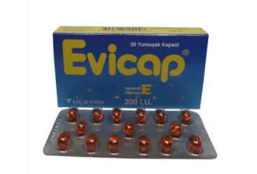 EVICAP 200 IU 30 YUMUŞAK KAPSÜL ambalajı. Vitamin e içeren yumuşak kapsül. Üretici: KOÇAK FARMA İLAÇ VE KİMYA SANAYİ A.Ş.