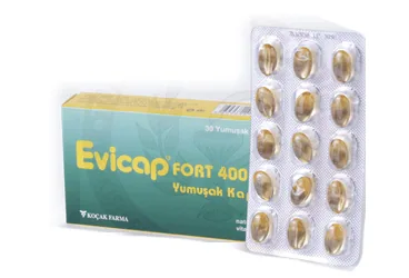 Vitamin e içeren yumuşak kapsül: EVICAP FORT 400 IU 30 YUMUSAK KAPSUL kutusu. Üretici: KOÇAK FARMA İLAÇ VE KİMYA SANAYİ A.Ş.