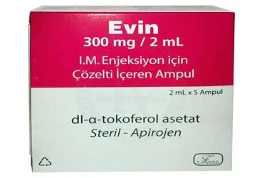 EVIN 300 MG/2 ML I.M. ENJEKSIYON ICIN COZELTI ICEREN 5 AMPUL ambalajı. Vitamin e içeren çözelti. Üretici: FARMALAS İLAÇ SAN. VE TİC. LTD. ŞTİ.