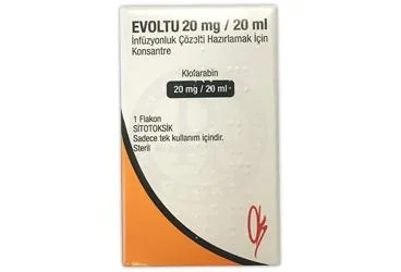 EVOLTU 20MG/20ML INFUZYONLUK COZELTI HAZIRLAMAK ICIN KONSANTRE kutu fotoğrafı, çözelti formunda klofarabin içerir. Üretici: ONKO İLAÇ SANAYİ VE TİCARET ANONİM ŞİRKETİ.