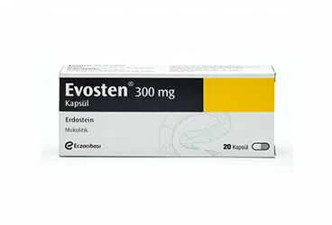 EVOSTEN 300 MG SERT KAPSUL (20 KAPSUL) kutu fotoğrafı. Erdostein içeren kapsül. Üretici: ABDİ İBRAHİM İLAÇ SANAYİ VE TİCARET A.Ş.