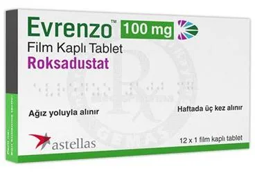 EVRENZO 100 MG FILM KAPLI TABLET (12 ADET) (roksadustat) kutu fotoğrafı, film kaplı tablet. Üretici: ASTELLAS PHARMA İLAÇ TİCARET VE SANAYİ ANONİM ŞİRKETİ.