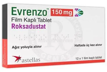 EVRENZO 150 MG FILM KAPLI TABLET (12 ADET) ambalajı. Roksadustat içeren film kaplı tablet. Üretici: ASTELLAS PHARMA İLAÇ TİCARET VE SANAYİ ANONİM ŞİRKETİ.