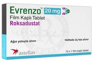 EVRENZO 20 MG FILM KAPLI TABLET (12 ADET) kutusu, film kaplı tablet formunda roksadustat içerir. Üretici: ASTELLAS PHARMA İLAÇ TİCARET VE SANAYİ ANONİM ŞİRKETİ.