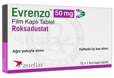 Roksadustat içeren film kaplı tablet: EVRENZO 50 MG FILM KAPLI TABLET (12 ADET) ambalajı. Üretici: ASTELLAS PHARMA İLAÇ TİCARET VE SANAYİ ANONİM ŞİRKETİ.