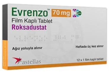 Roksadustat içeren film kaplı tablet: EVRENZO 70 MG FILM KAPLI TABLET (12 ADET) ürün ambalajı. Üretici: ASTELLAS PHARMA İLAÇ TİCARET VE SANAYİ ANONİM ŞİRKETİ.