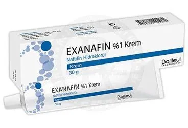 Naftifin hcl içeren krem: EXANAFIN %1 KREM (30 G) ürün ambalajı. Üretici: LABORATOİRES BAİLLEUL İLAÇ SANAYİ VE TİCARET ANONİM ŞİRKETİ.