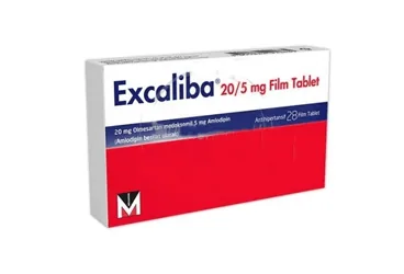 EXCALIBA 20/5 MG FILM KAPLI TABLET (28 TABLET) ambalajı, film kaplı tablet formunda olmesartan + amlodipin içerir. Üretici: MENARİNİ İLAÇ SANAYİ VE TİCARET A.Ş.