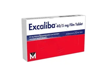 EXCALIBA 40/5 MG FILM KAPLI TABLET (28 TABLET) ambalajı, film kaplı tablet formunda olmesartan + amlodipin içerir. Üretici: MENARİNİ İLAÇ SANAYİ VE TİCARET A.Ş.